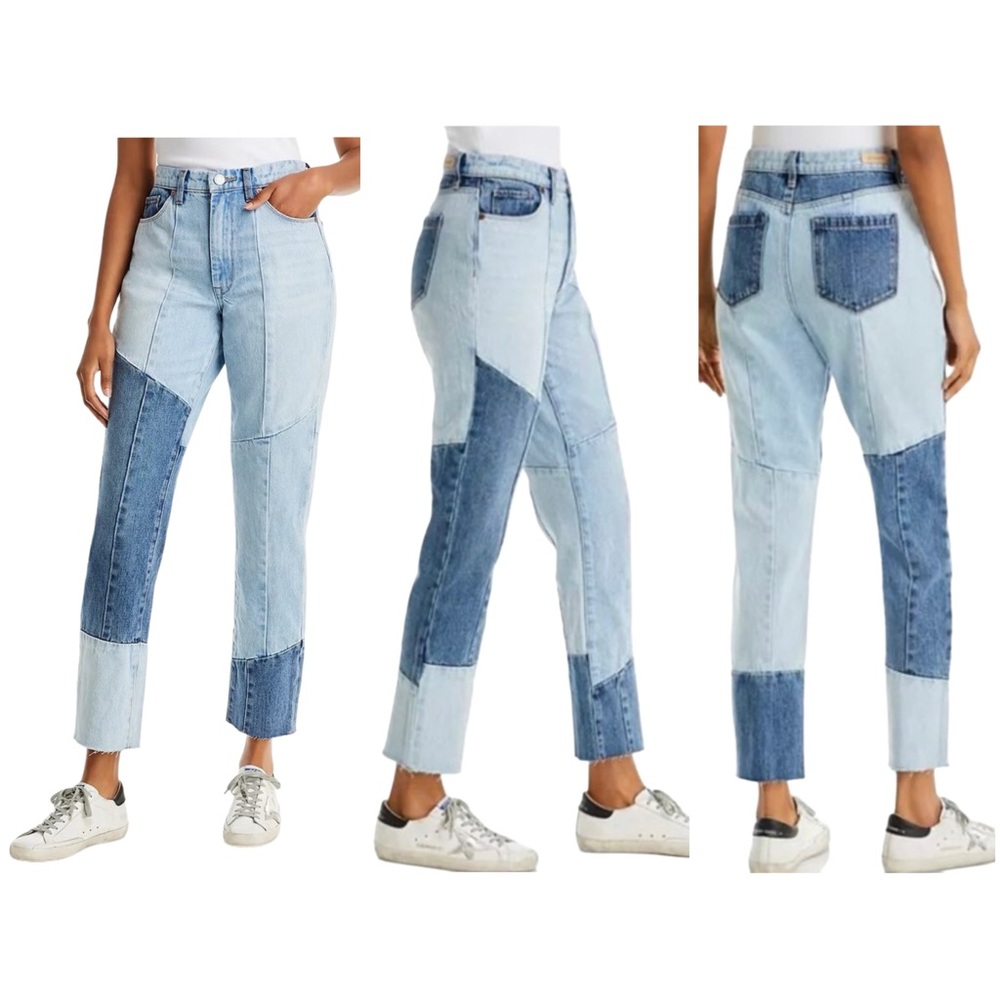Blank NYC NWT High-Waist Patchwork Straight Leg Raw Hem Jeans